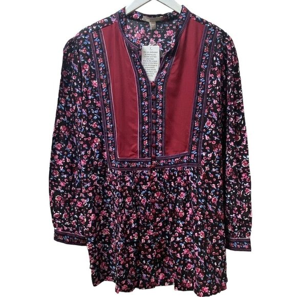 Woman Within Boho Blouse  Size 18/20 Tunic Top Black Wine Floral Rayon NWT Long - Picture 1 of 10